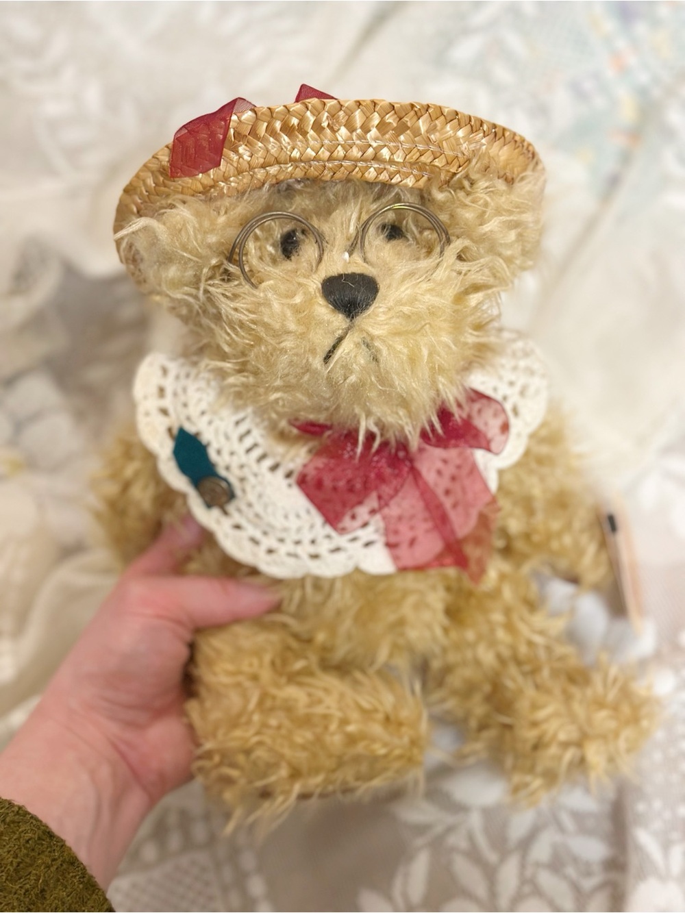 Vintage-Style Cream Teddy Bear Plush with Straw Hat and Red Bow